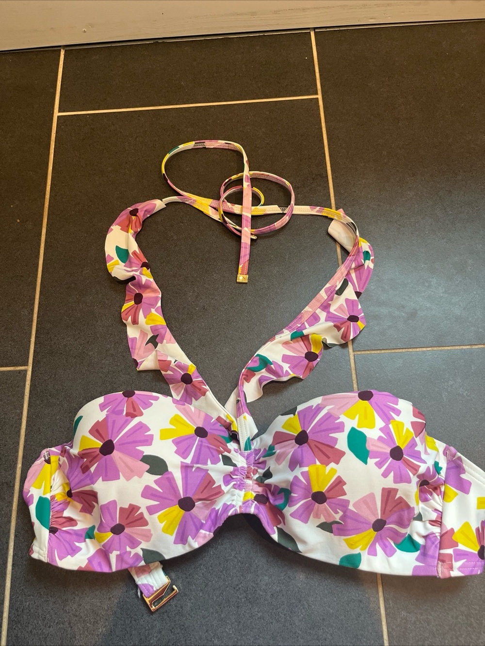 kate spade Floral Bandeau Bikini Top in White with Purple, Yellow, Teal